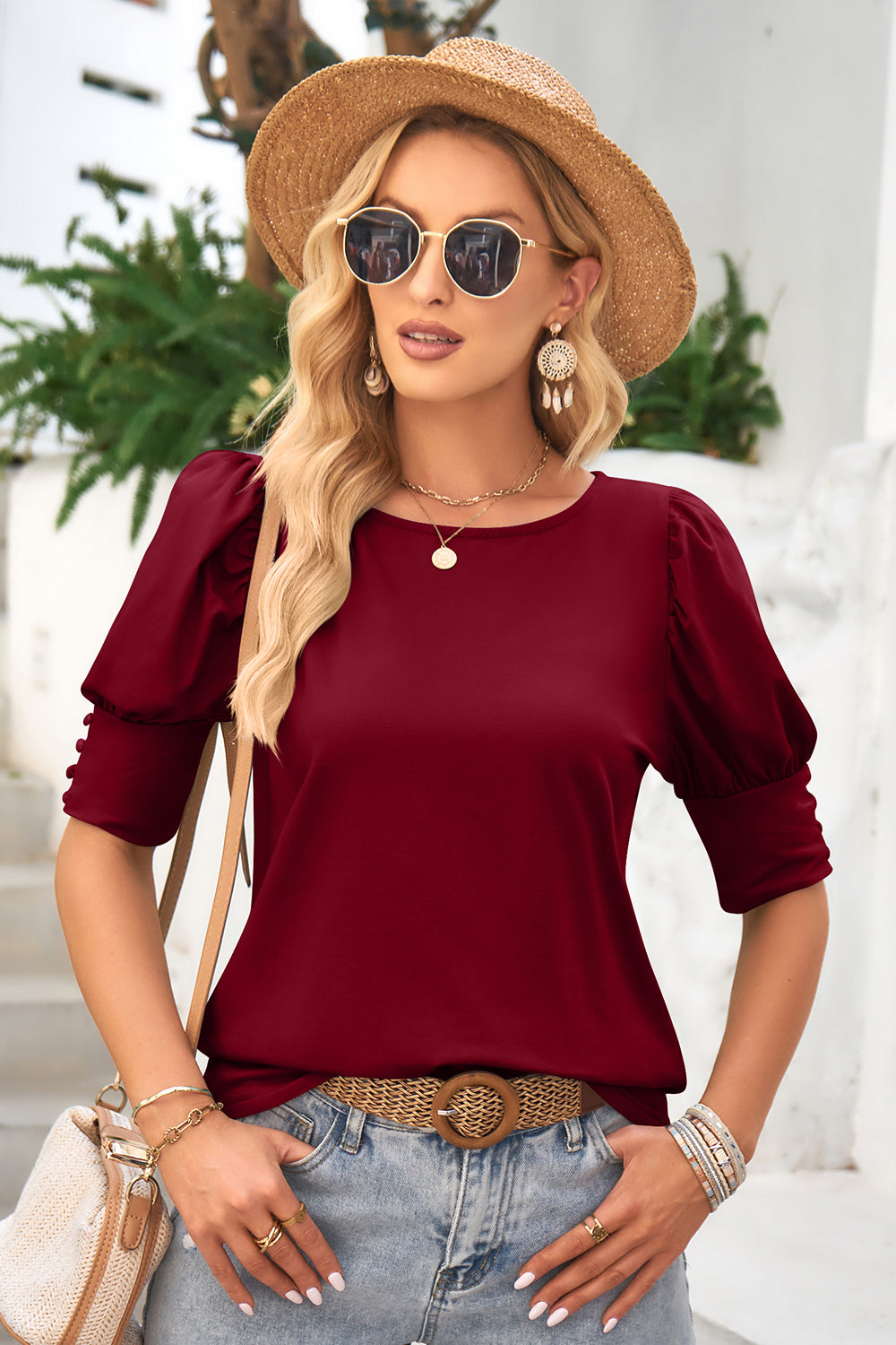 Round Neck Lantern Sleeve Blouse.