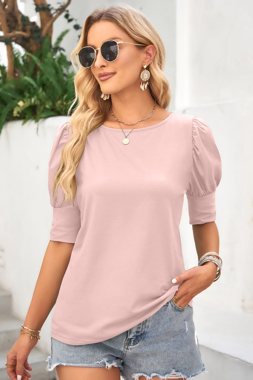Round Neck Lantern Sleeve Blouse.