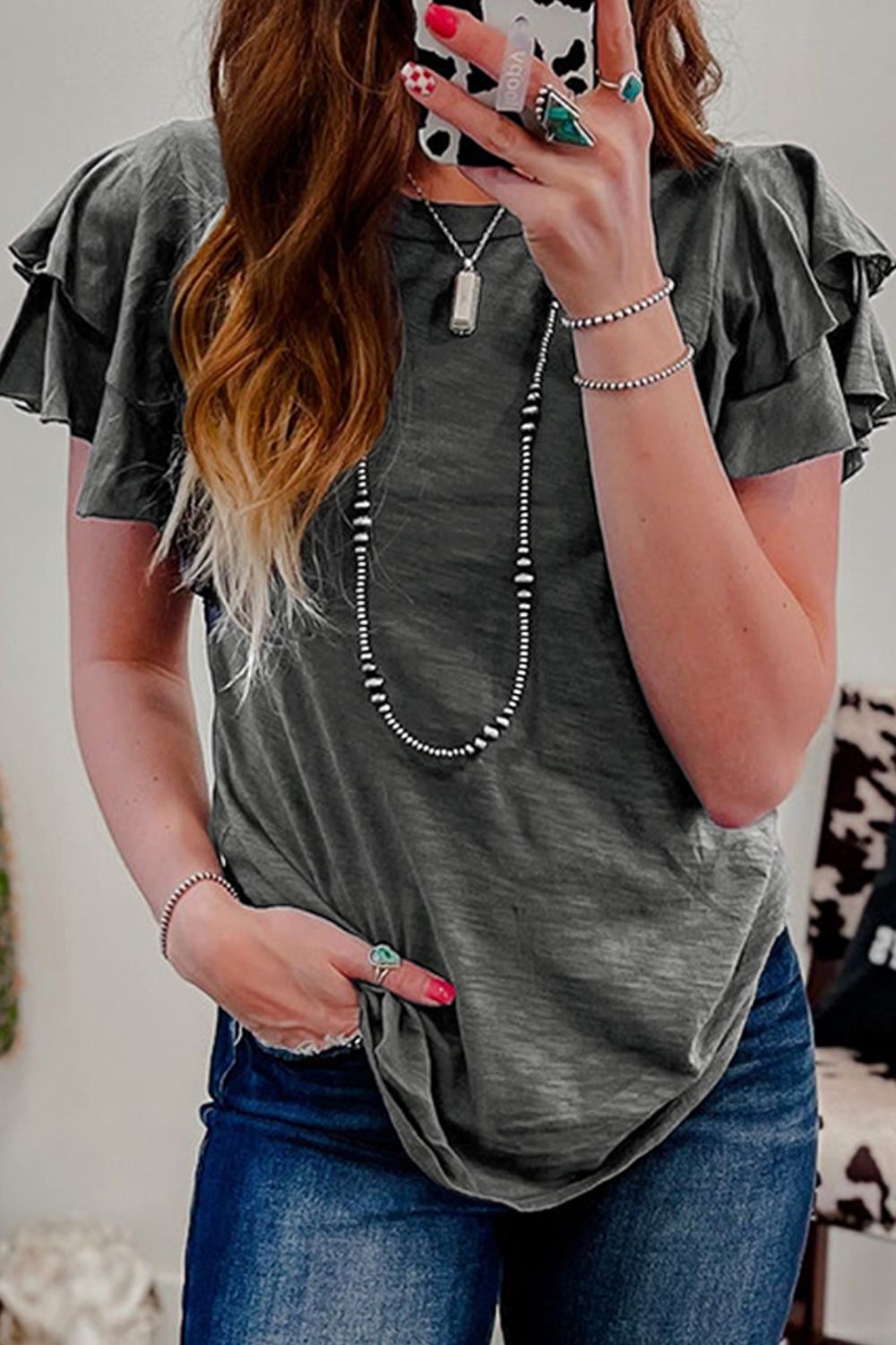 Round Neck Layered Short Sleeve Top.