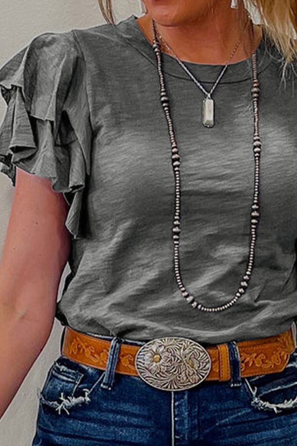Round Neck Layered Short Sleeve Top.