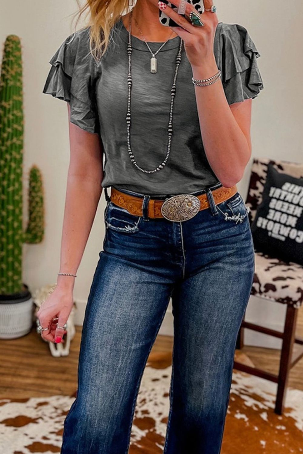 Round Neck Layered Short Sleeve Top.