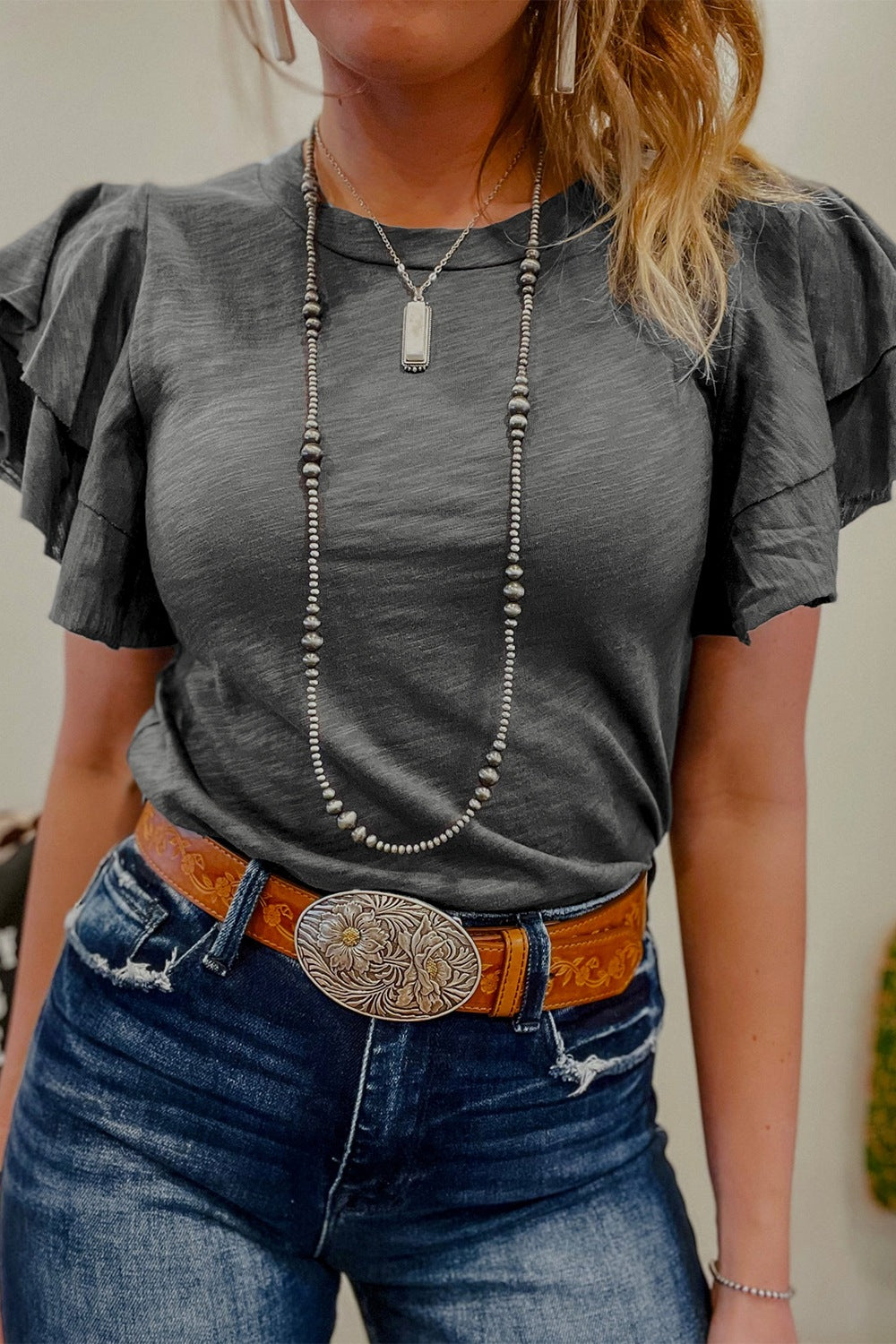 Round Neck Layered Short Sleeve Top.