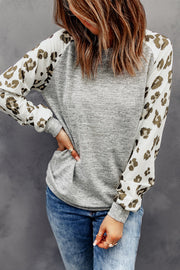Round Neck Leopard Print Raglan Sleeve Top.
