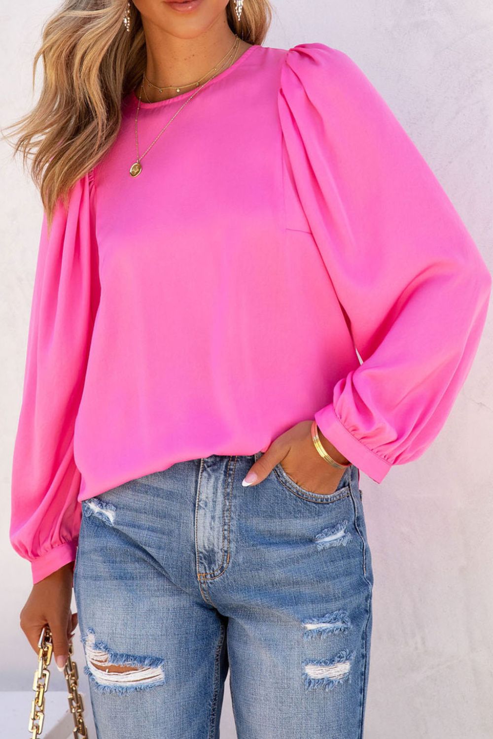 Round Neck Long Sleeve Blouse.