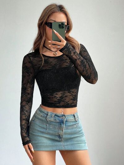 Round Neck Long Sleeve Lace Sheer Top.