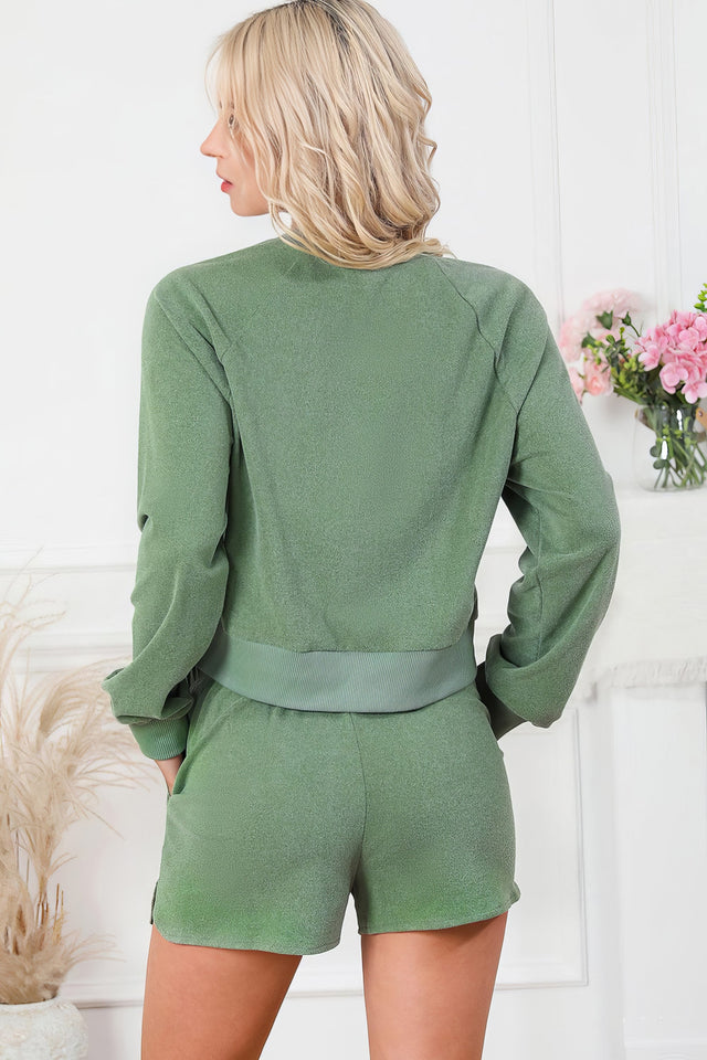Women's round neck long sleeve top and drawstring shorts lounge set