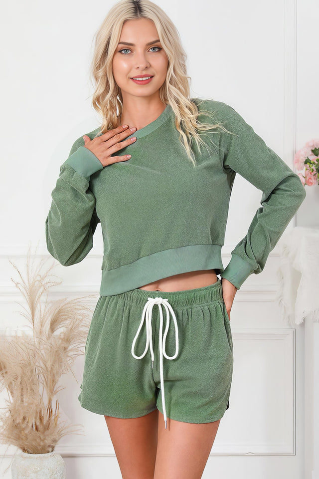 Women's round neck long sleeve top and drawstring shorts lounge set