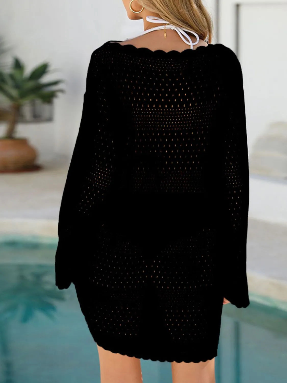 Round Neck Openwork Cover-Up with Cutout.