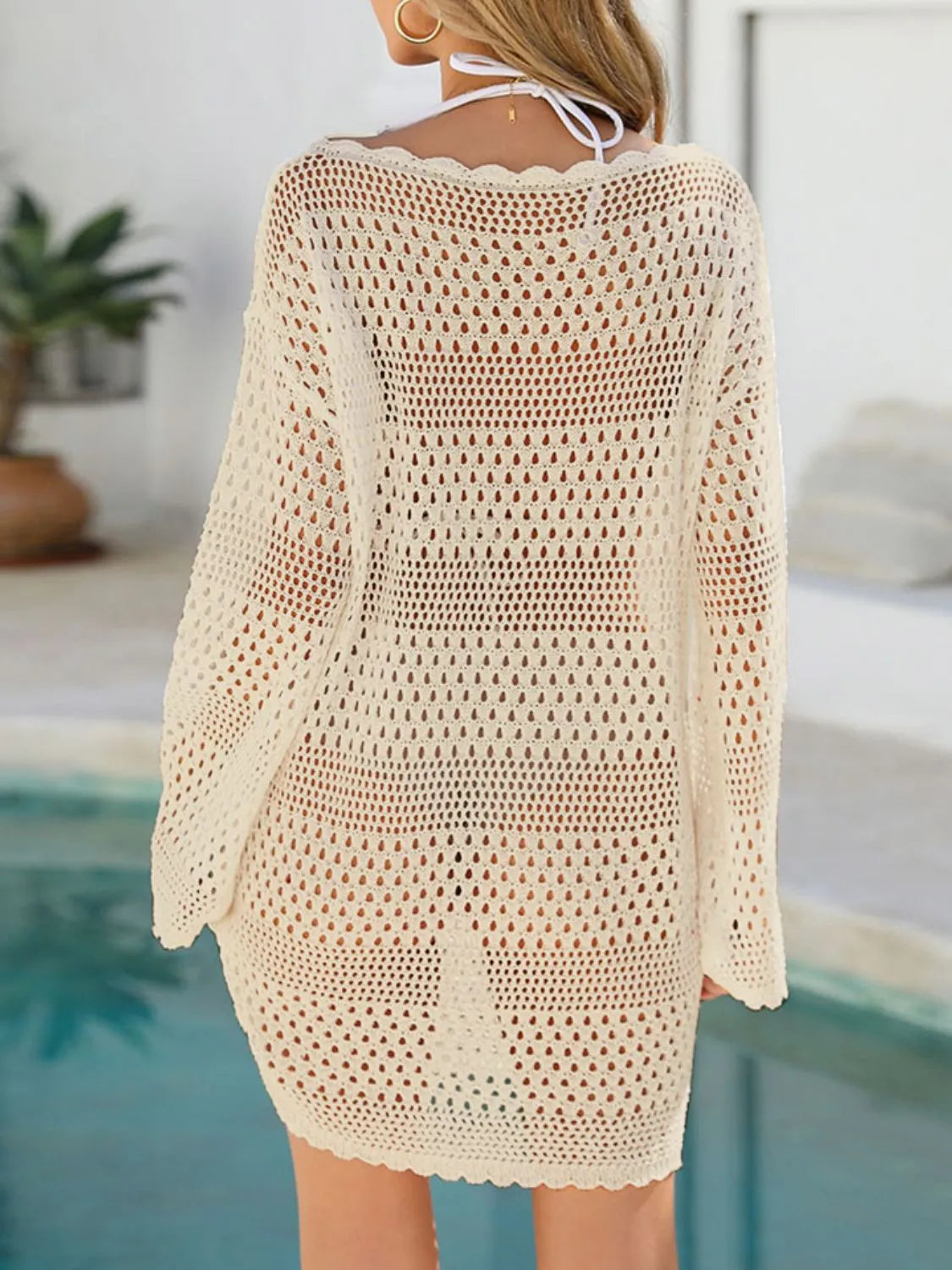 Round Neck Openwork Cover-Up with Cutout.