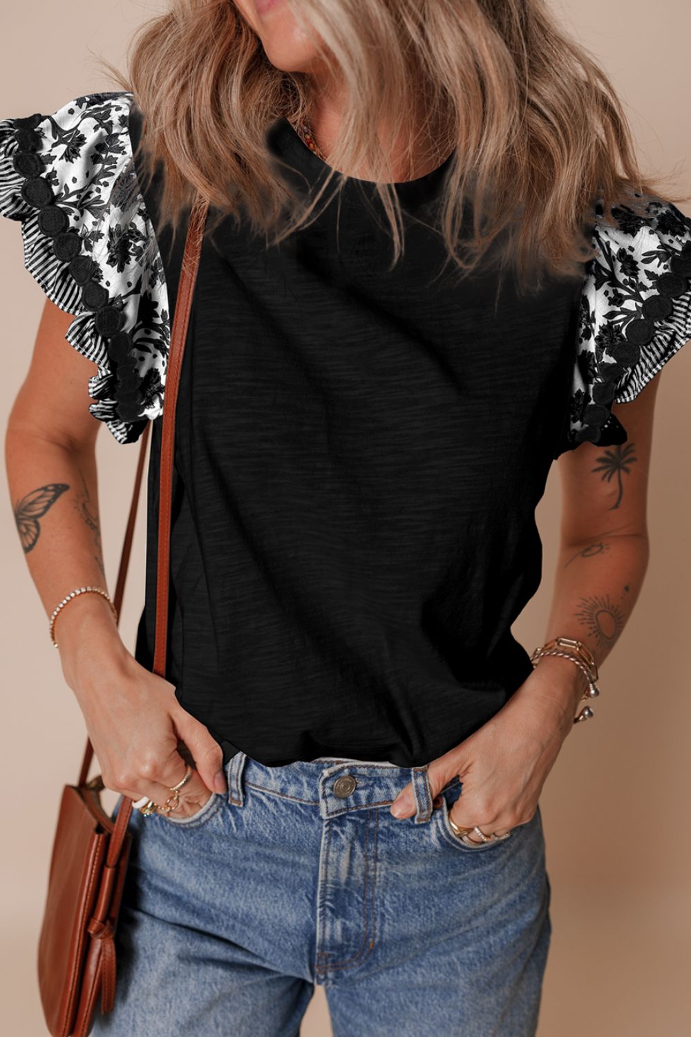 Round Neck Printed Ruffled Cap Sleeve Blouse.