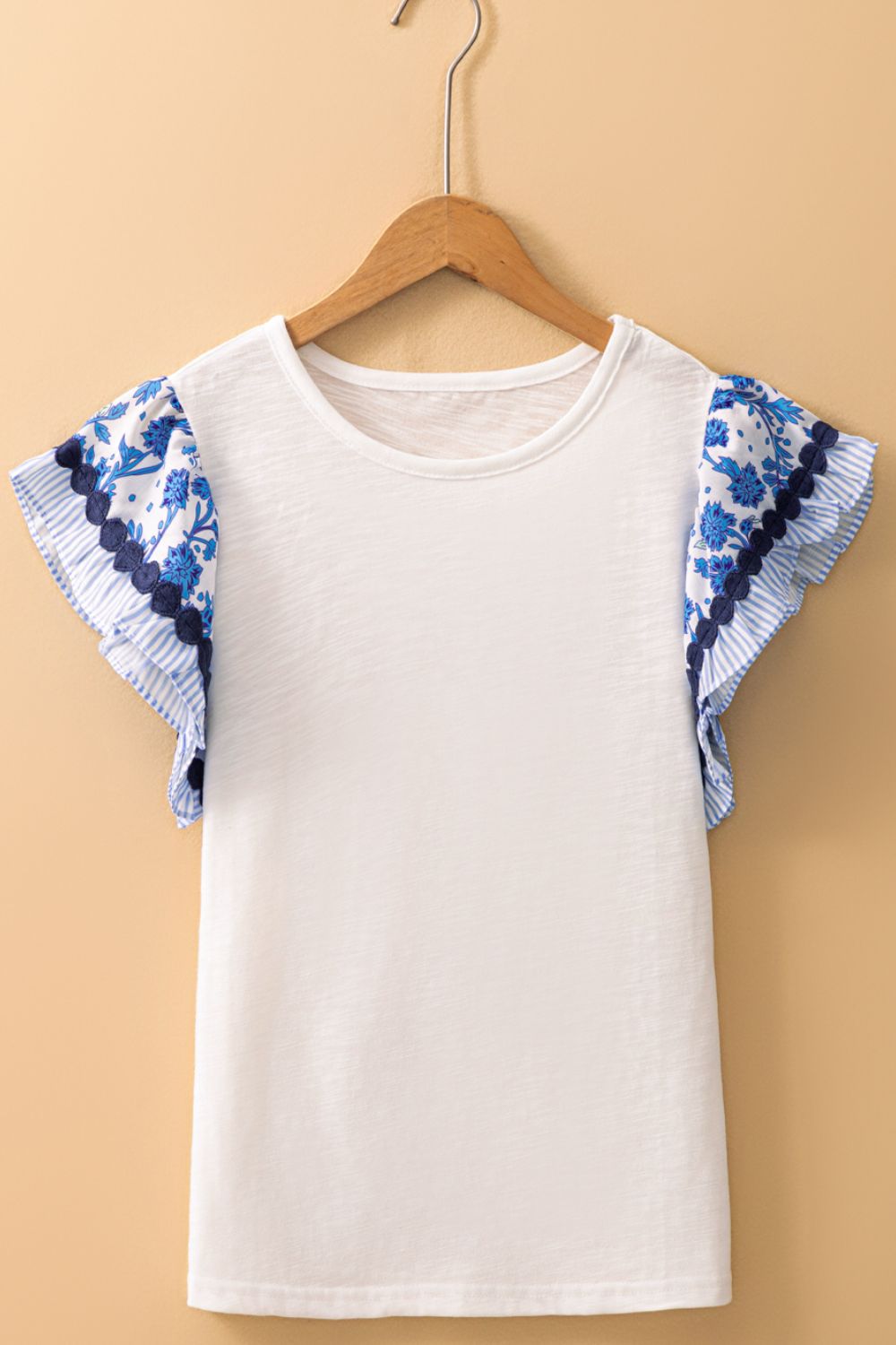Round Neck Printed Ruffled Cap Sleeve Blouse.