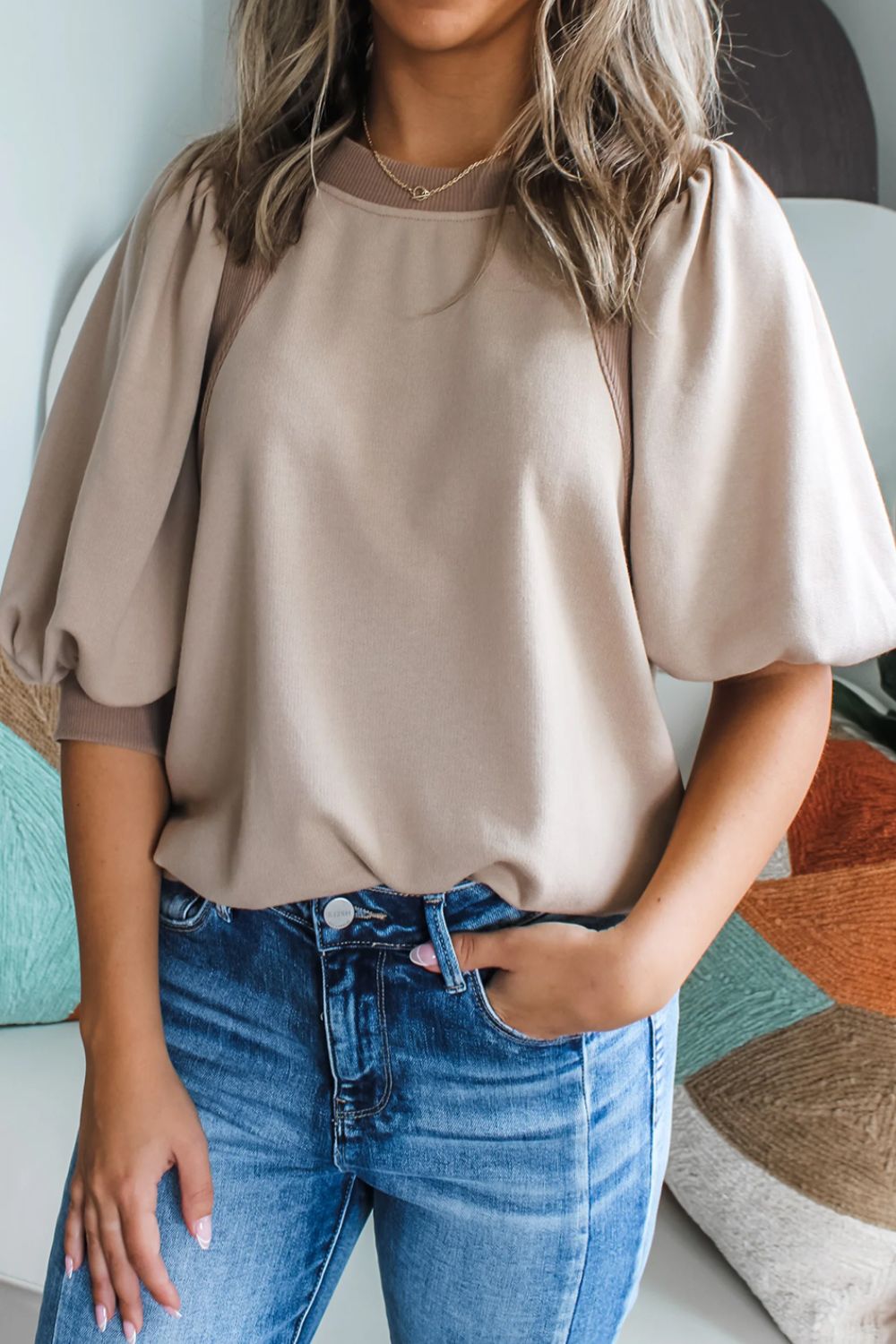 Round Neck Puff Half Sleeve Blouse.