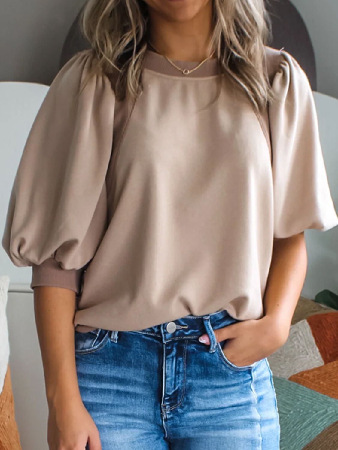 Round Neck Puff Half Sleeve Blouse.