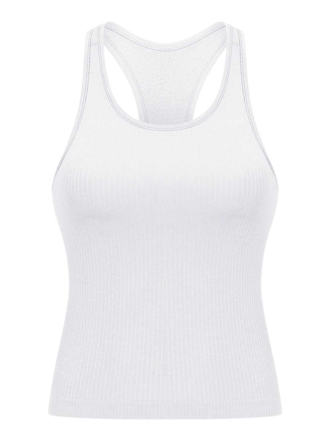 Round neck racerback active tank with removable padding.