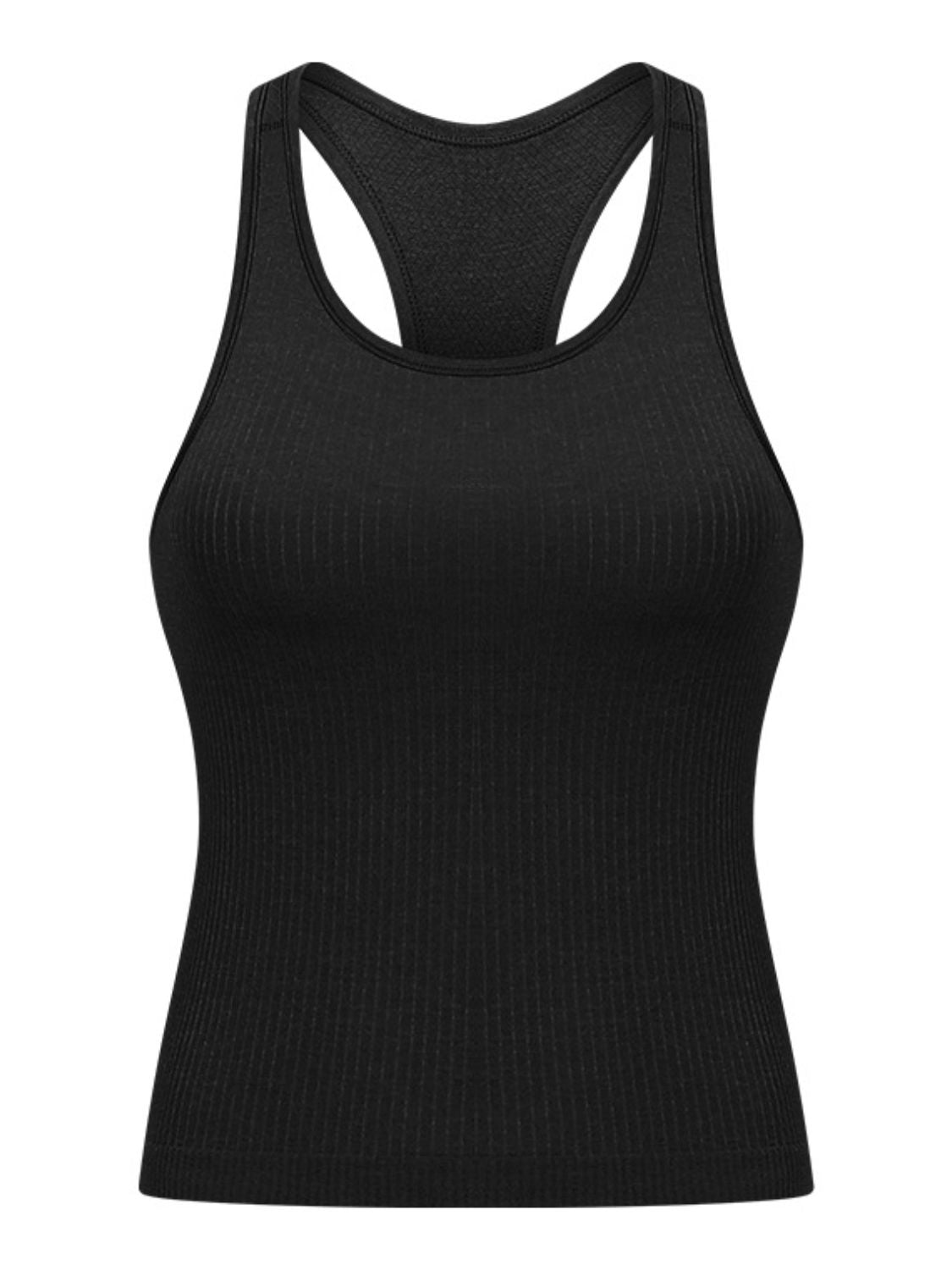 Round neck racerback active tank with removable padding.