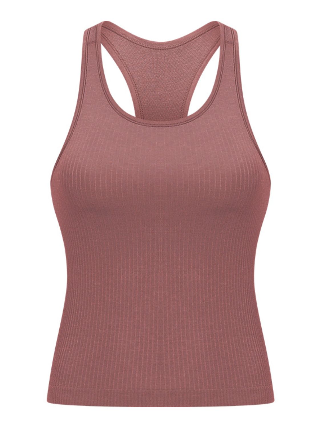 Round neck racerback active tank with removable padding.