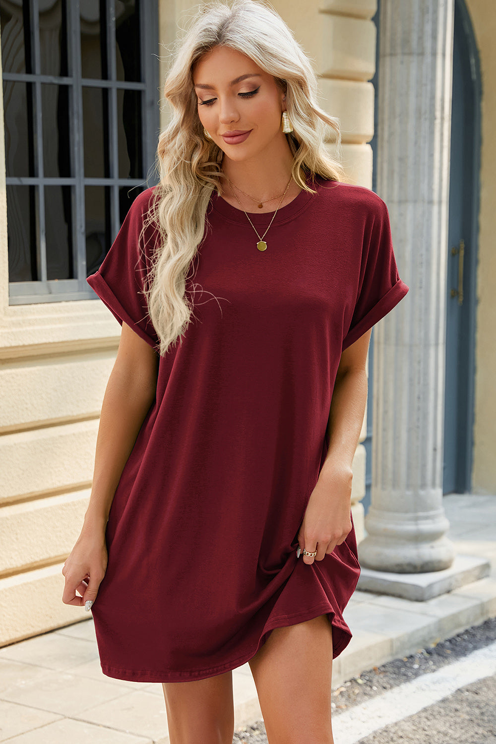 Round Neck Rolled Short Sleeve Tee Dress.