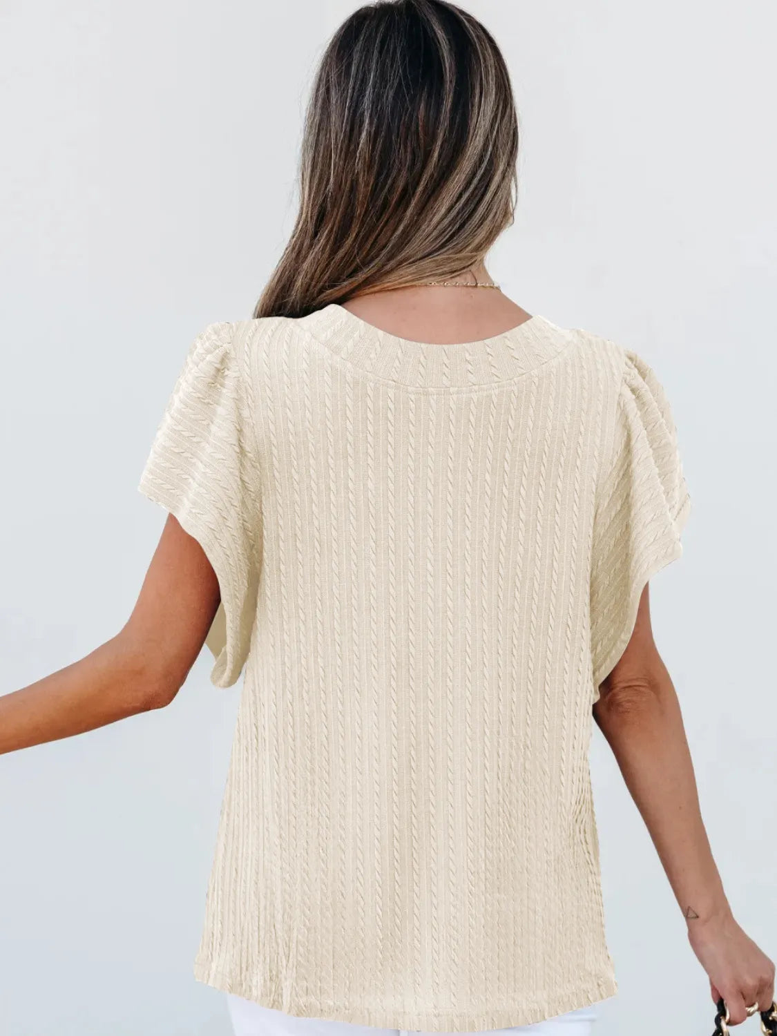 Round Neck Ruffle Sleeve Top.