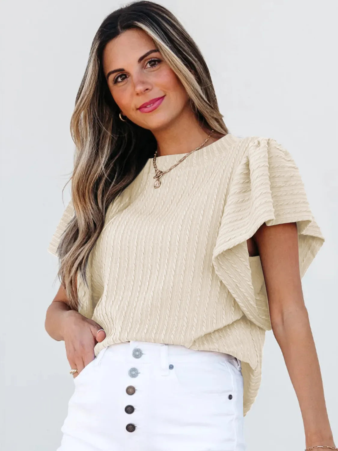 Round Neck Ruffle Sleeve Top.