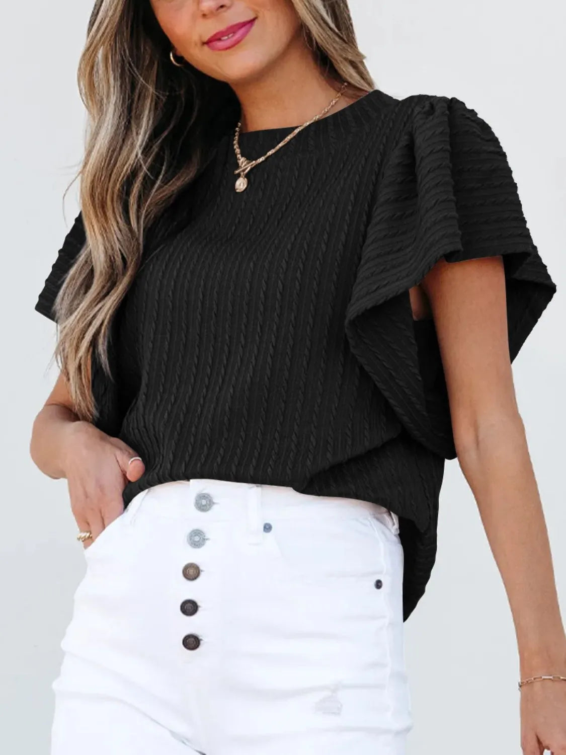 Round Neck Ruffle Sleeve Top.