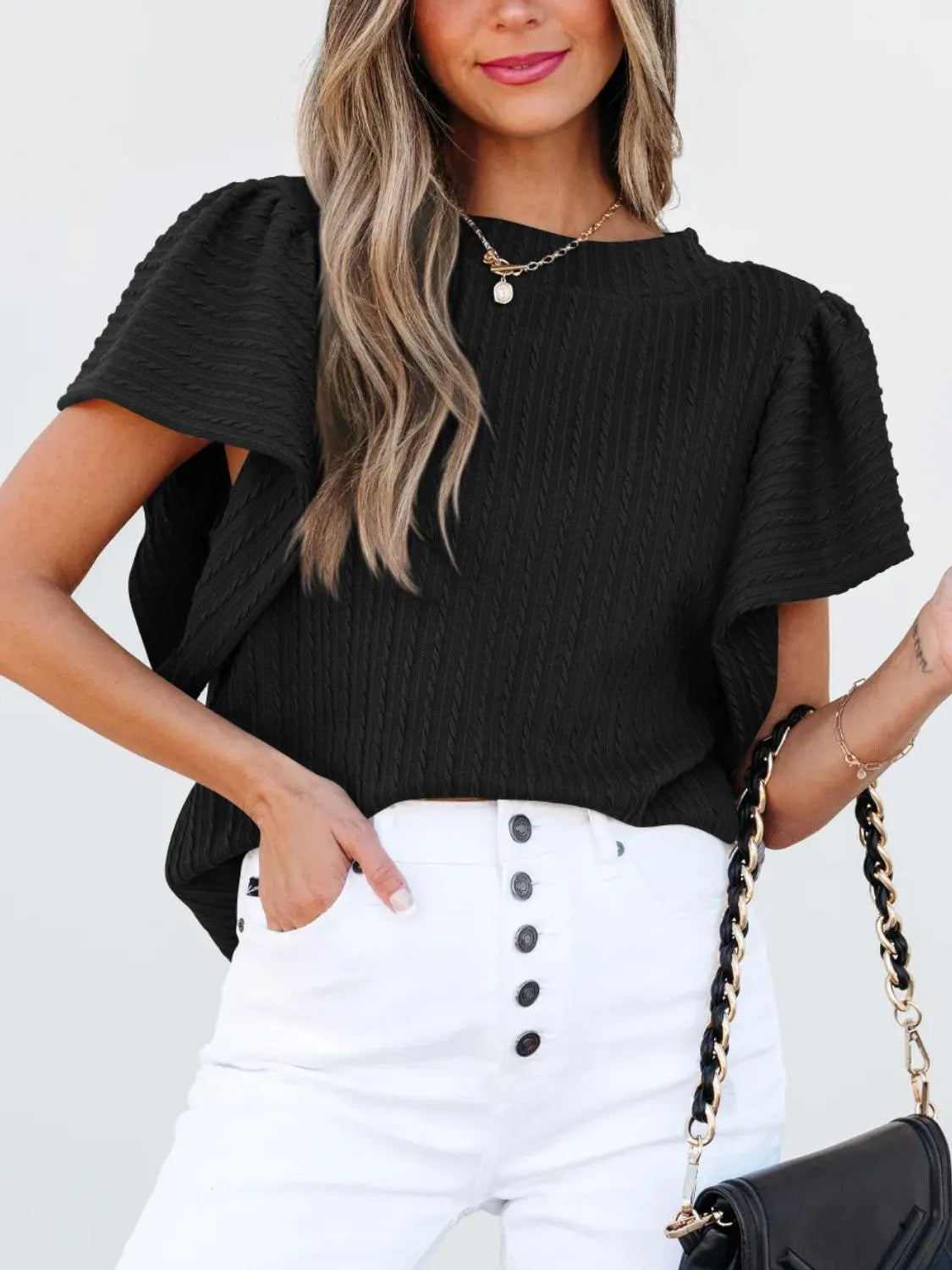 Round Neck Ruffle Sleeve Top.
