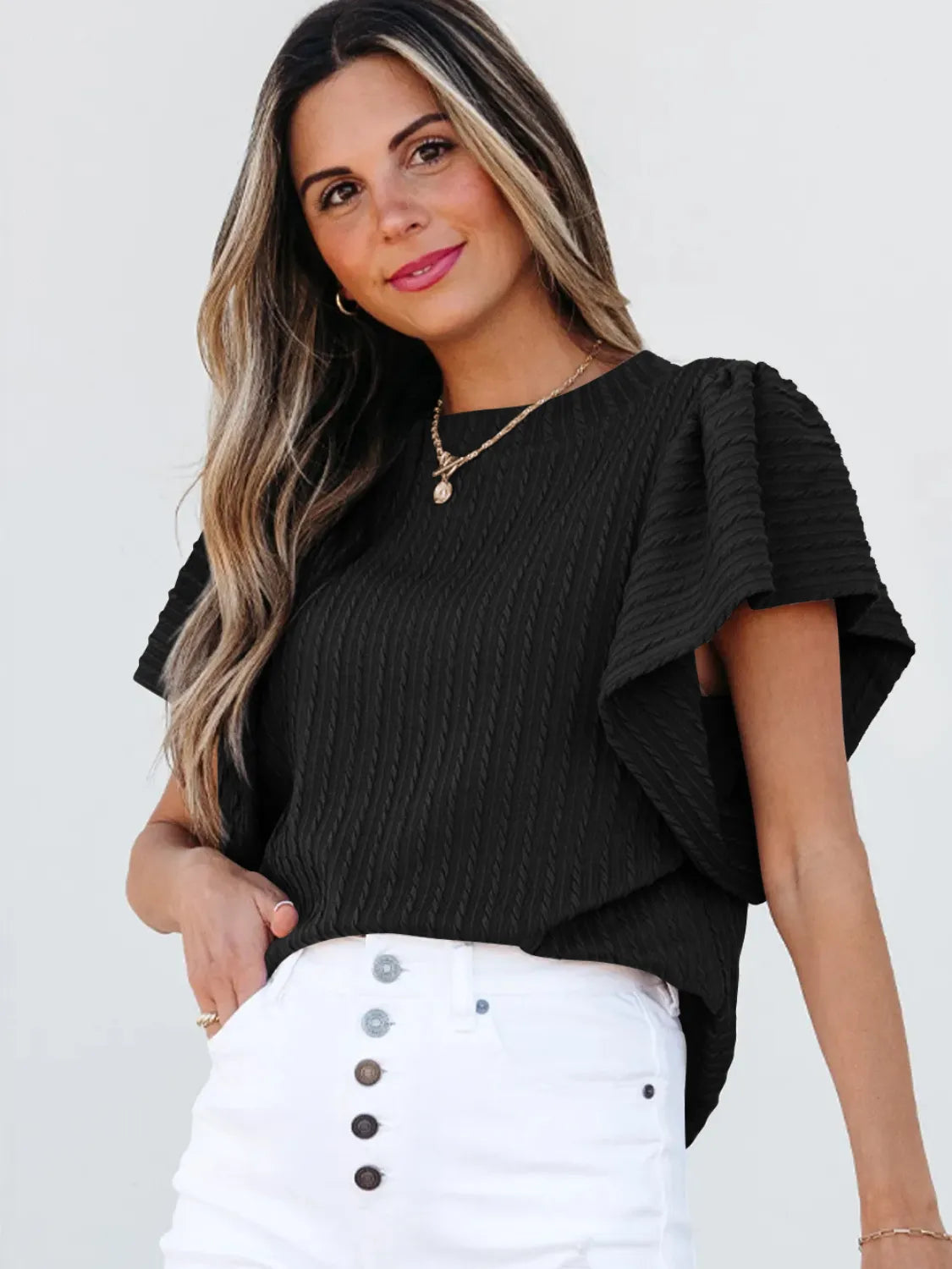 Round Neck Ruffle Sleeve Top.