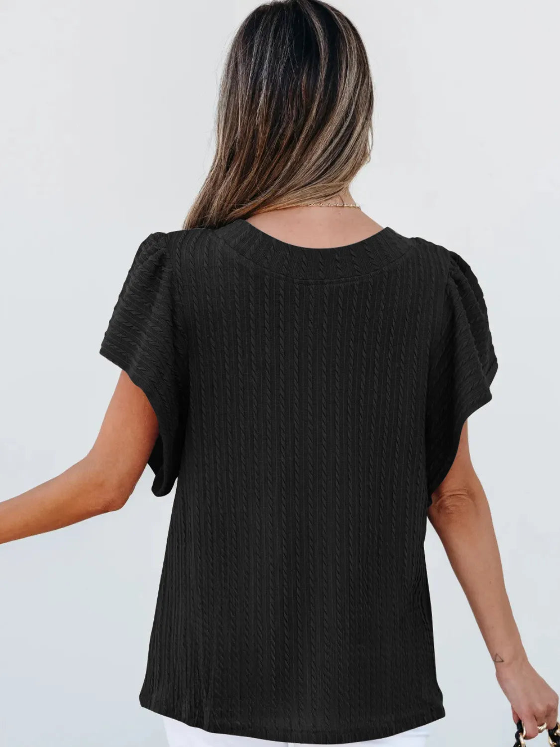 Round Neck Ruffle Sleeve Top.