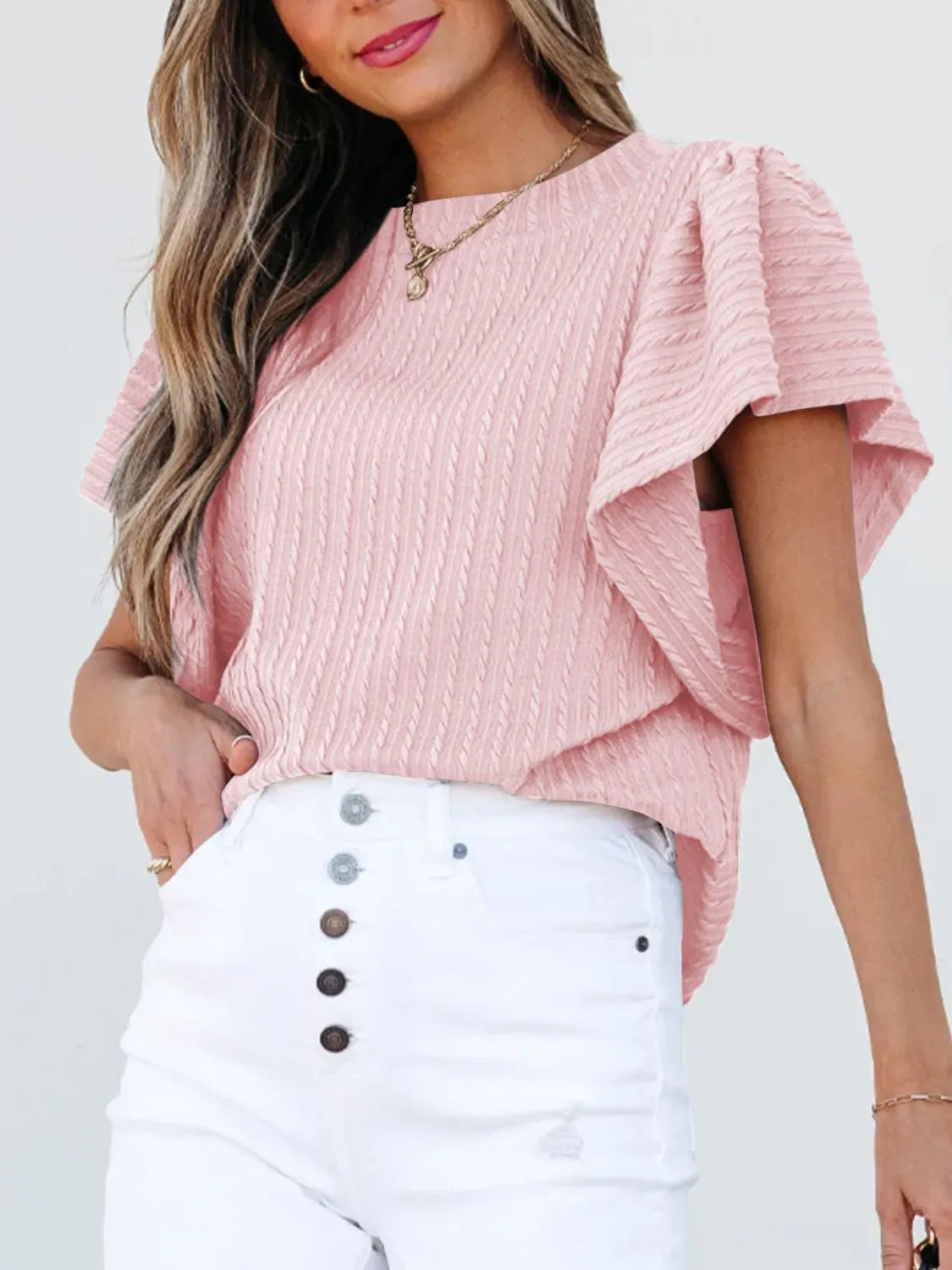Round Neck Ruffle Sleeve Top.