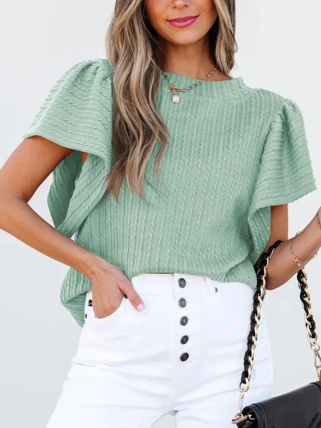 Round Neck Ruffle Sleeve Top.