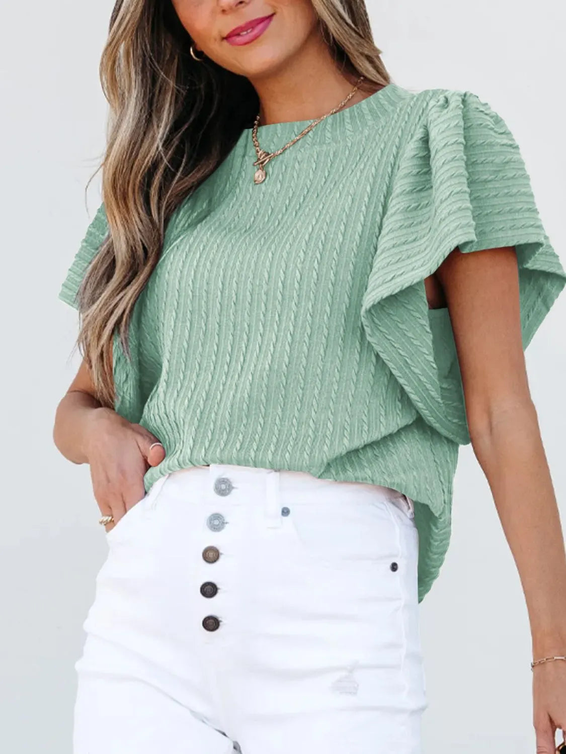 Round Neck Ruffle Sleeve Top.