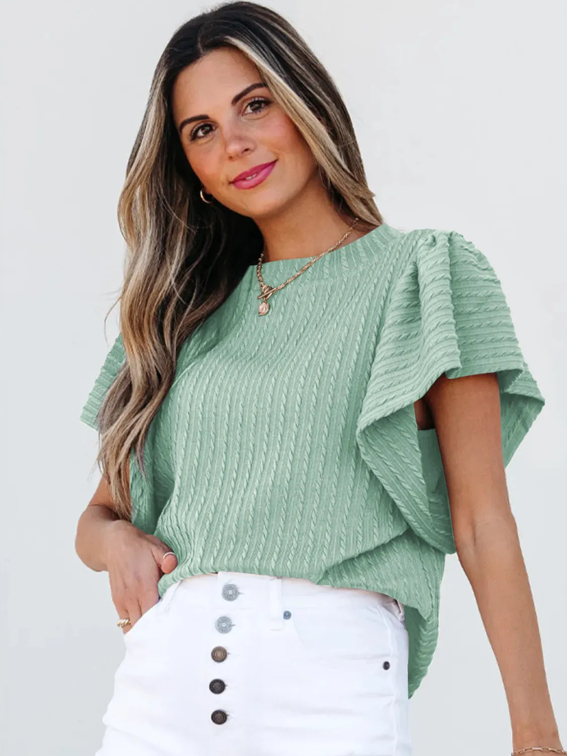 Round Neck Ruffle Sleeve Top.