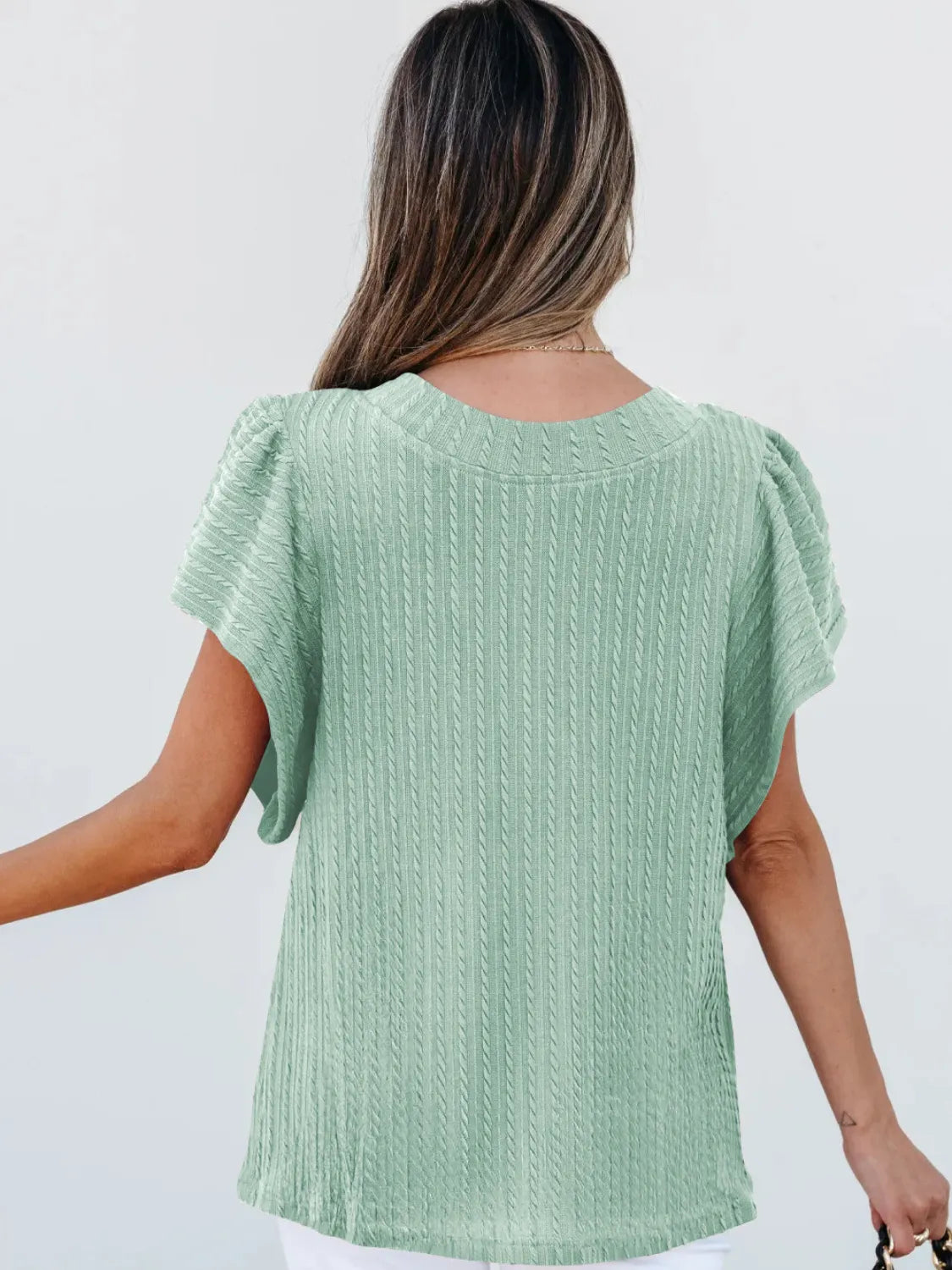 Round Neck Ruffle Sleeve Top.