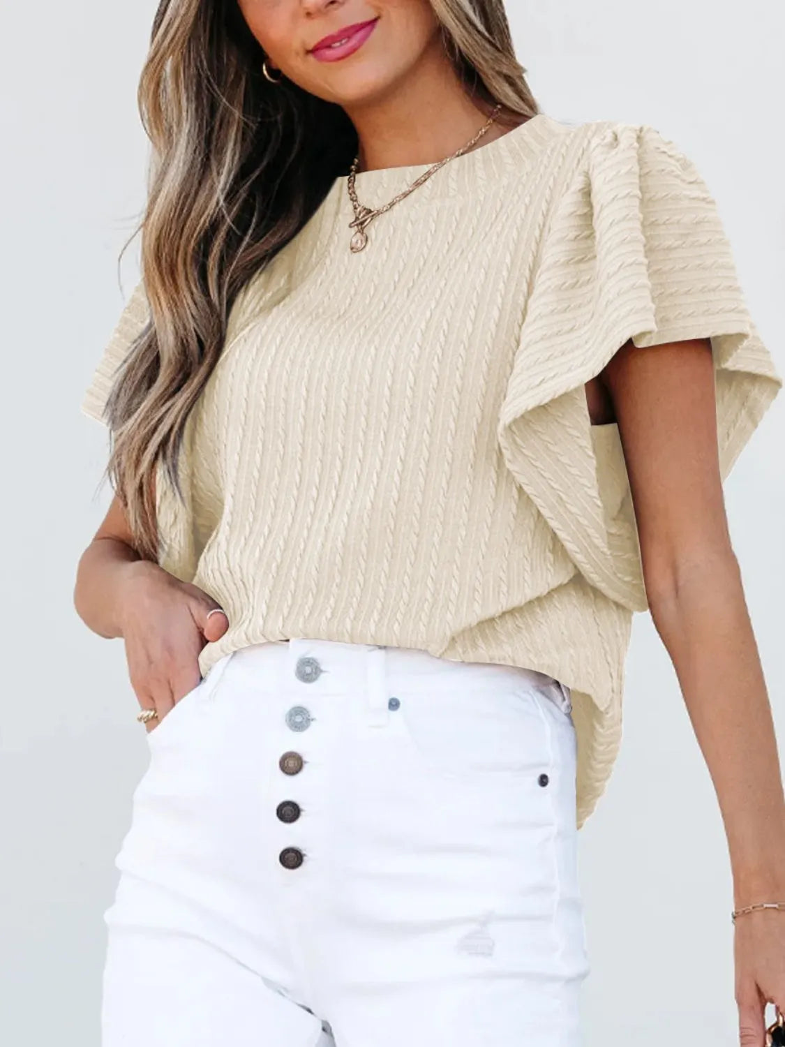 Round Neck Ruffle Sleeve Top.