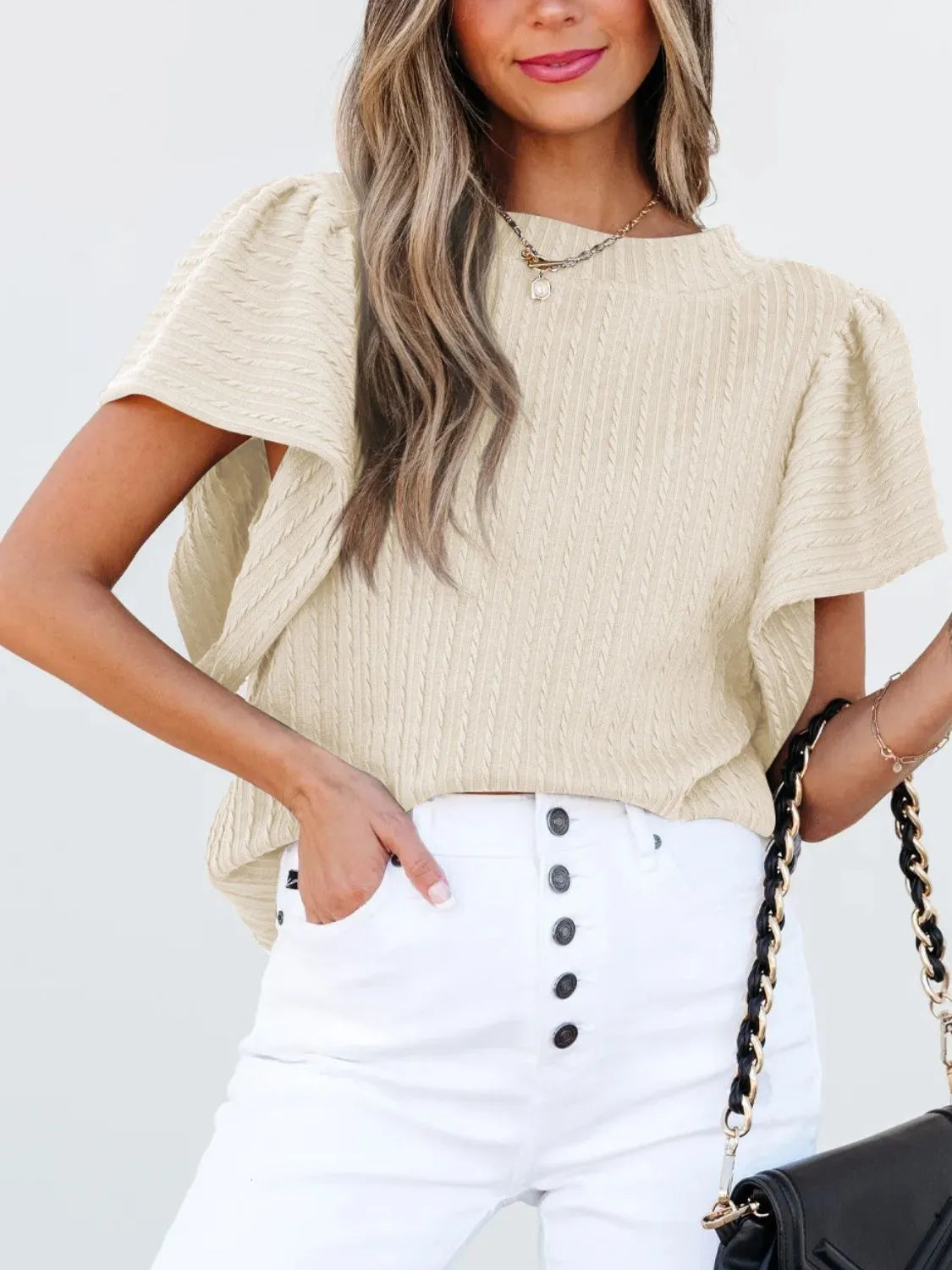 Round Neck Ruffle Sleeve Top.