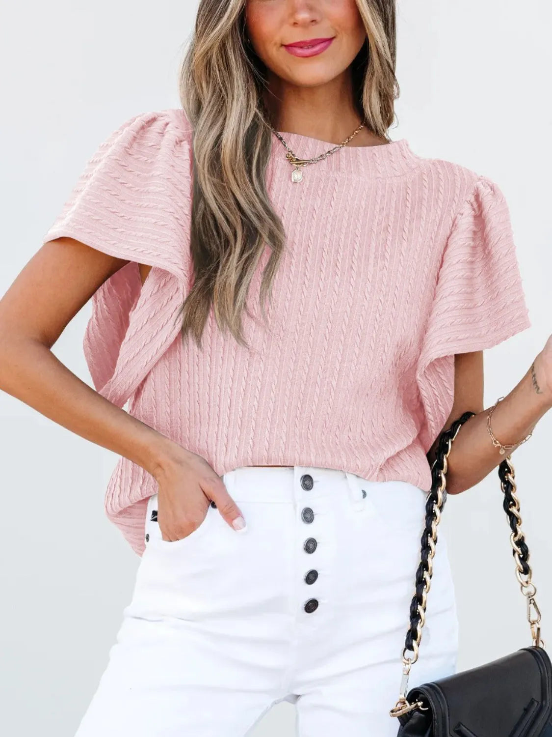 Round Neck Ruffle Sleeve Top.