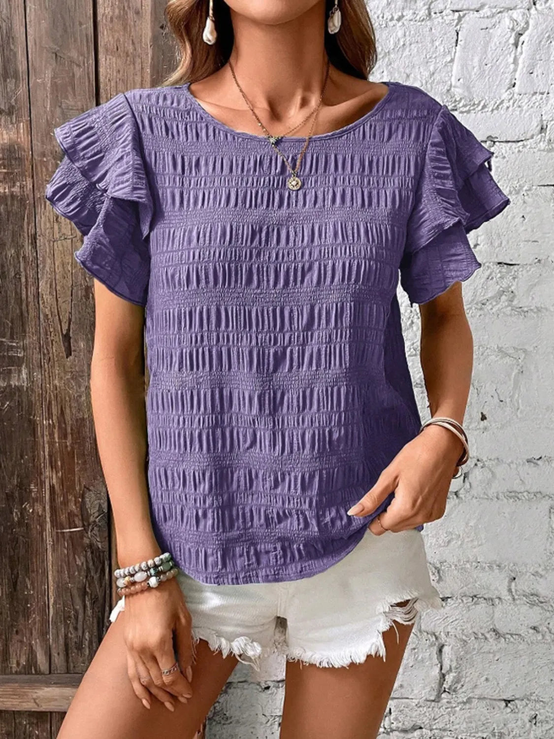 Round Neck Ruffled Short Sleeve Top.