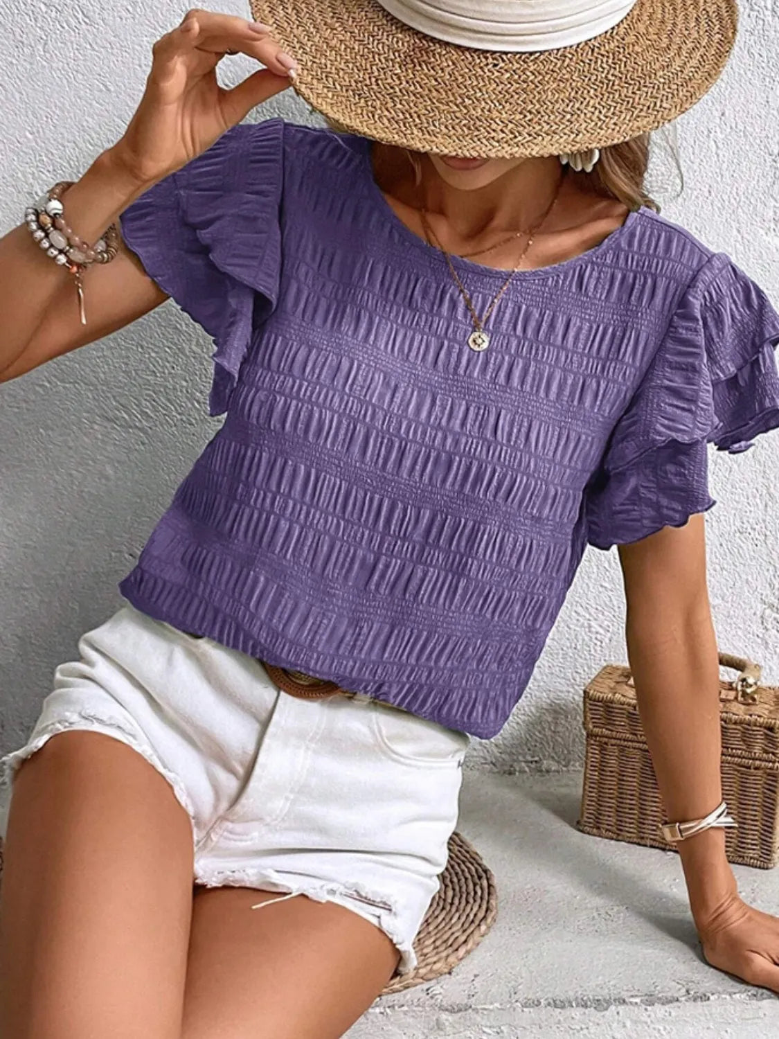 Round Neck Ruffled Short Sleeve Top.