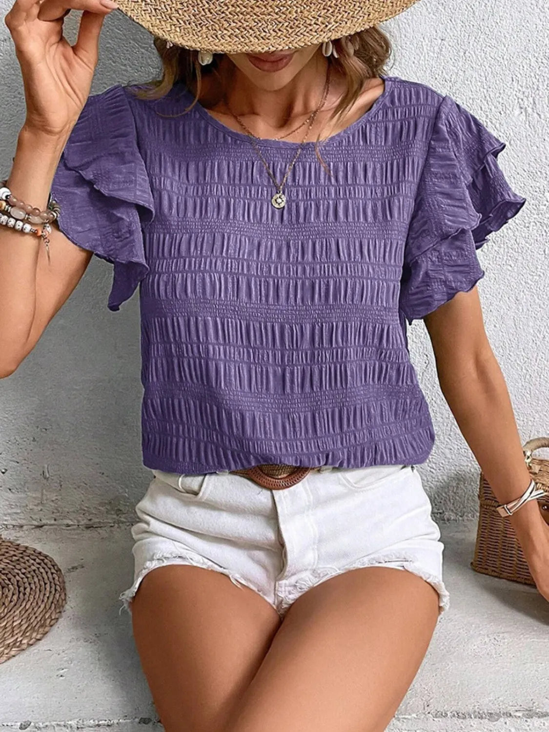 Round Neck Ruffled Short Sleeve Top.
