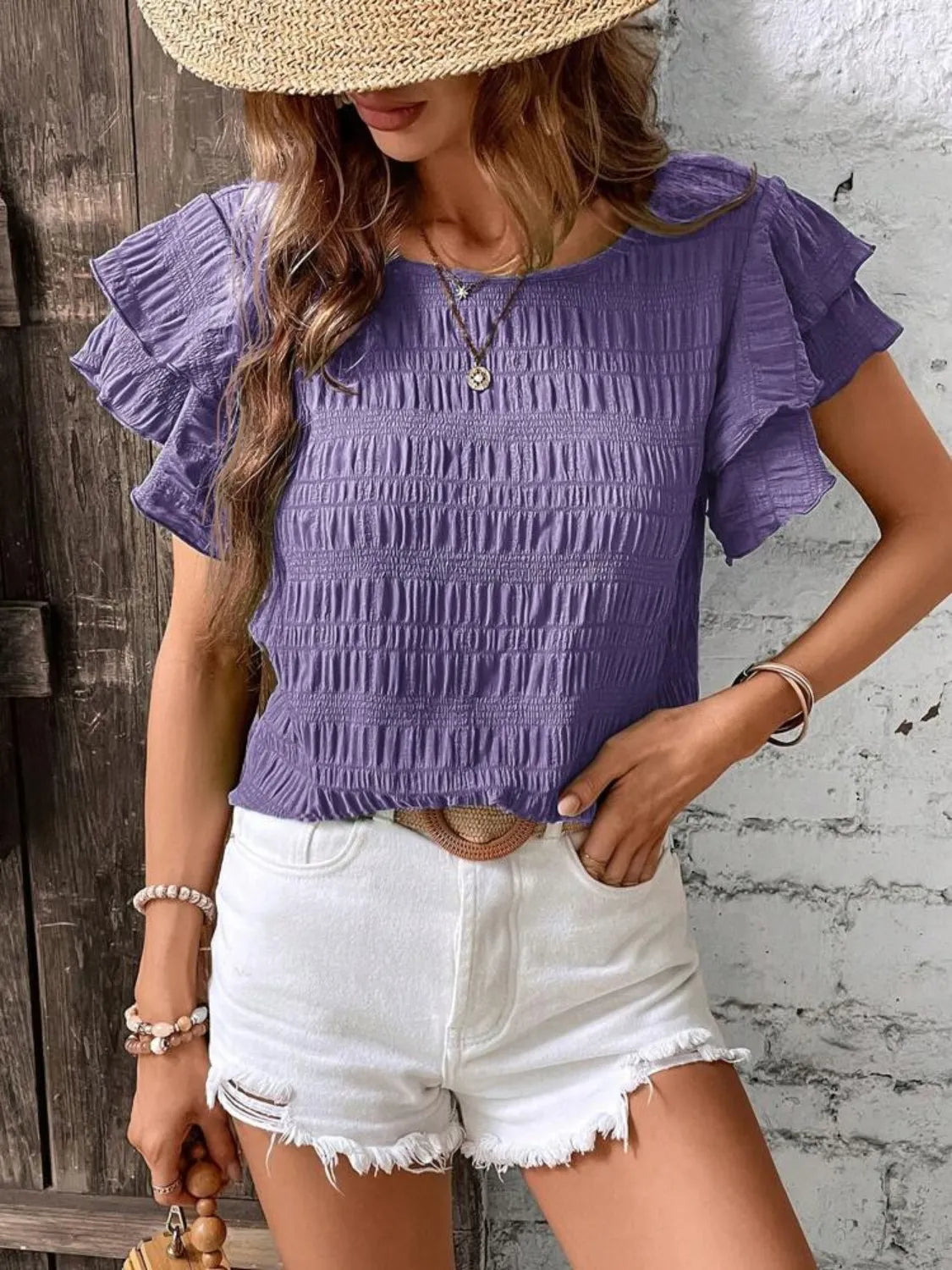 Round Neck Ruffled Short Sleeve Top.
