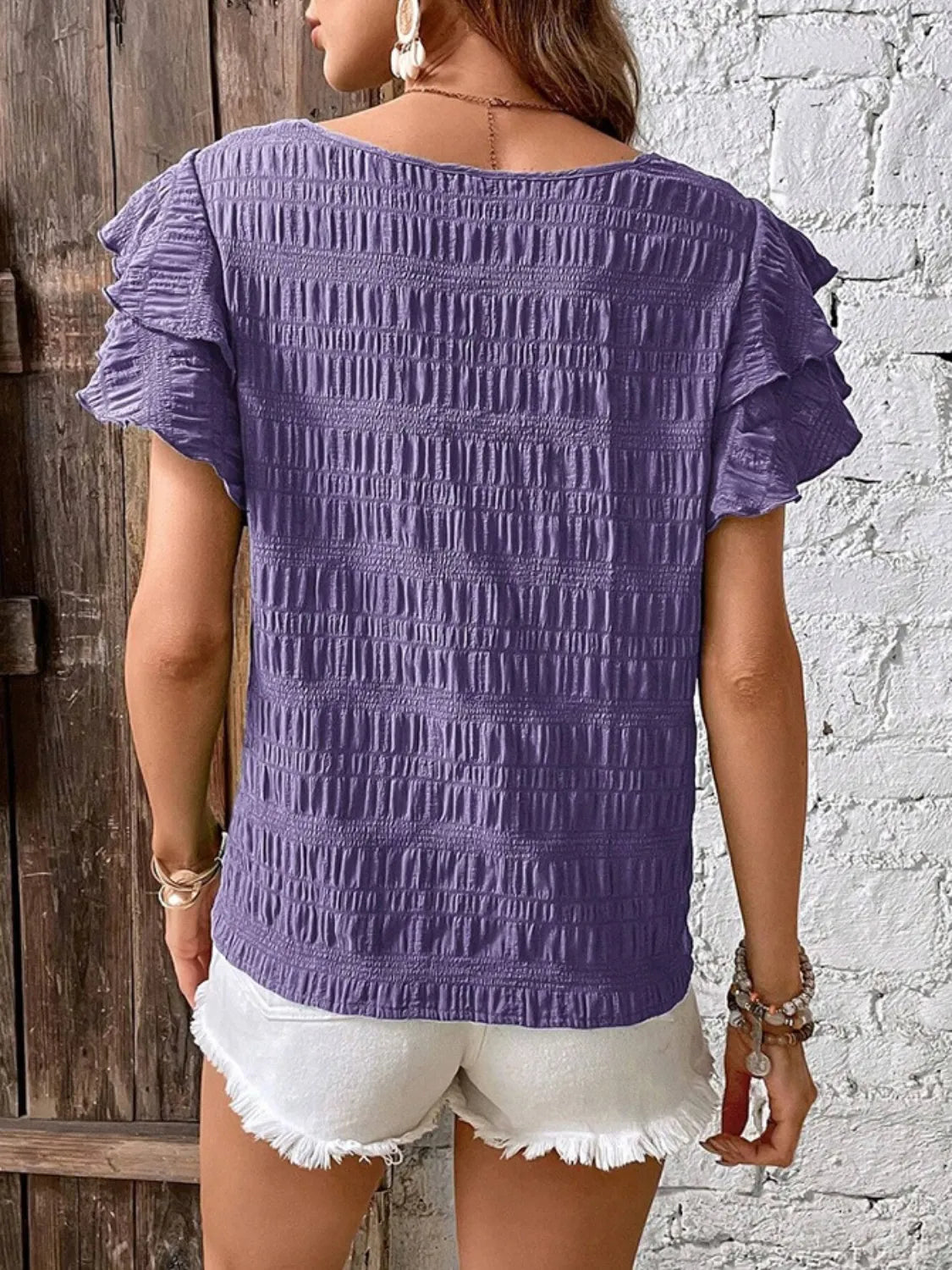 Round Neck Ruffled Short Sleeve Top.