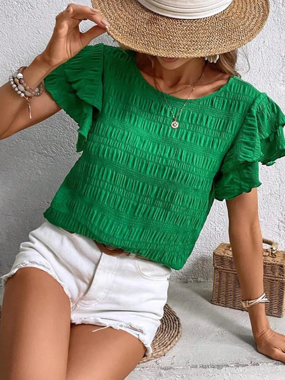 Round Neck Ruffled Short Sleeve Top.