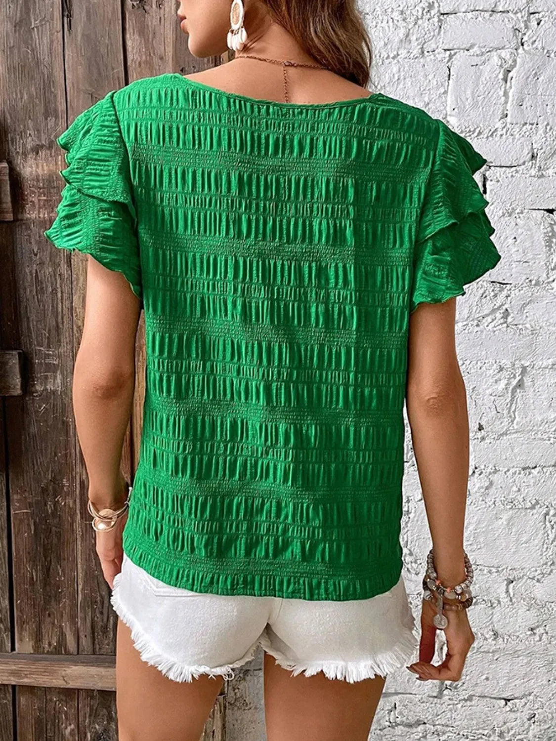 Round Neck Ruffled Short Sleeve Top.