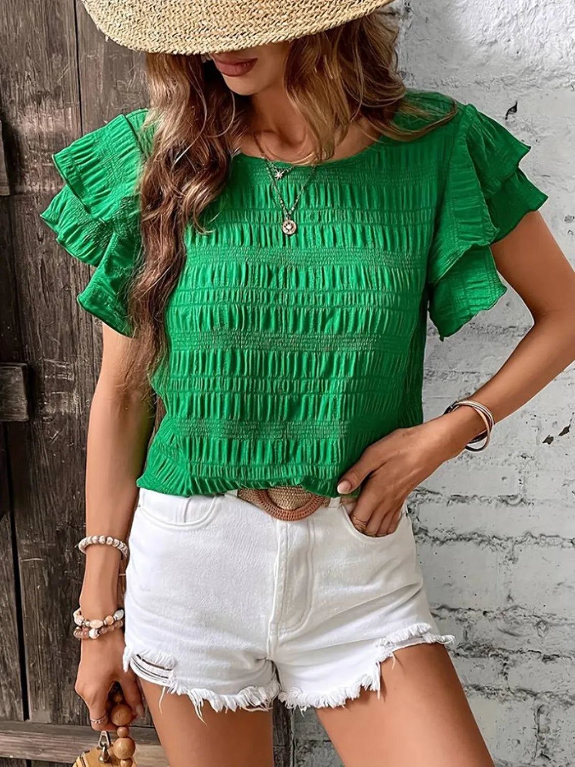Round Neck Ruffled Short Sleeve Top.
