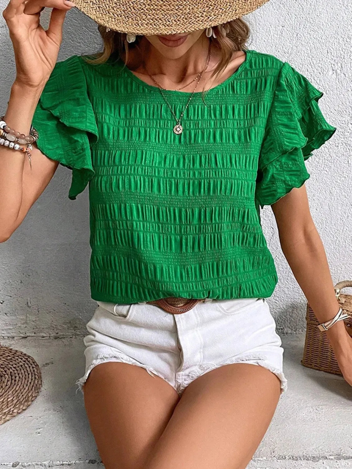 Round Neck Ruffled Short Sleeve Top.