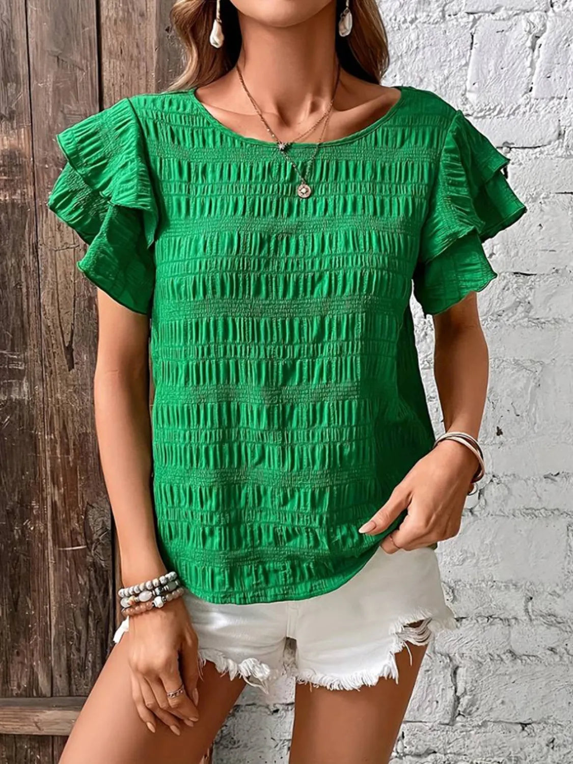 Round Neck Ruffled Short Sleeve Top.