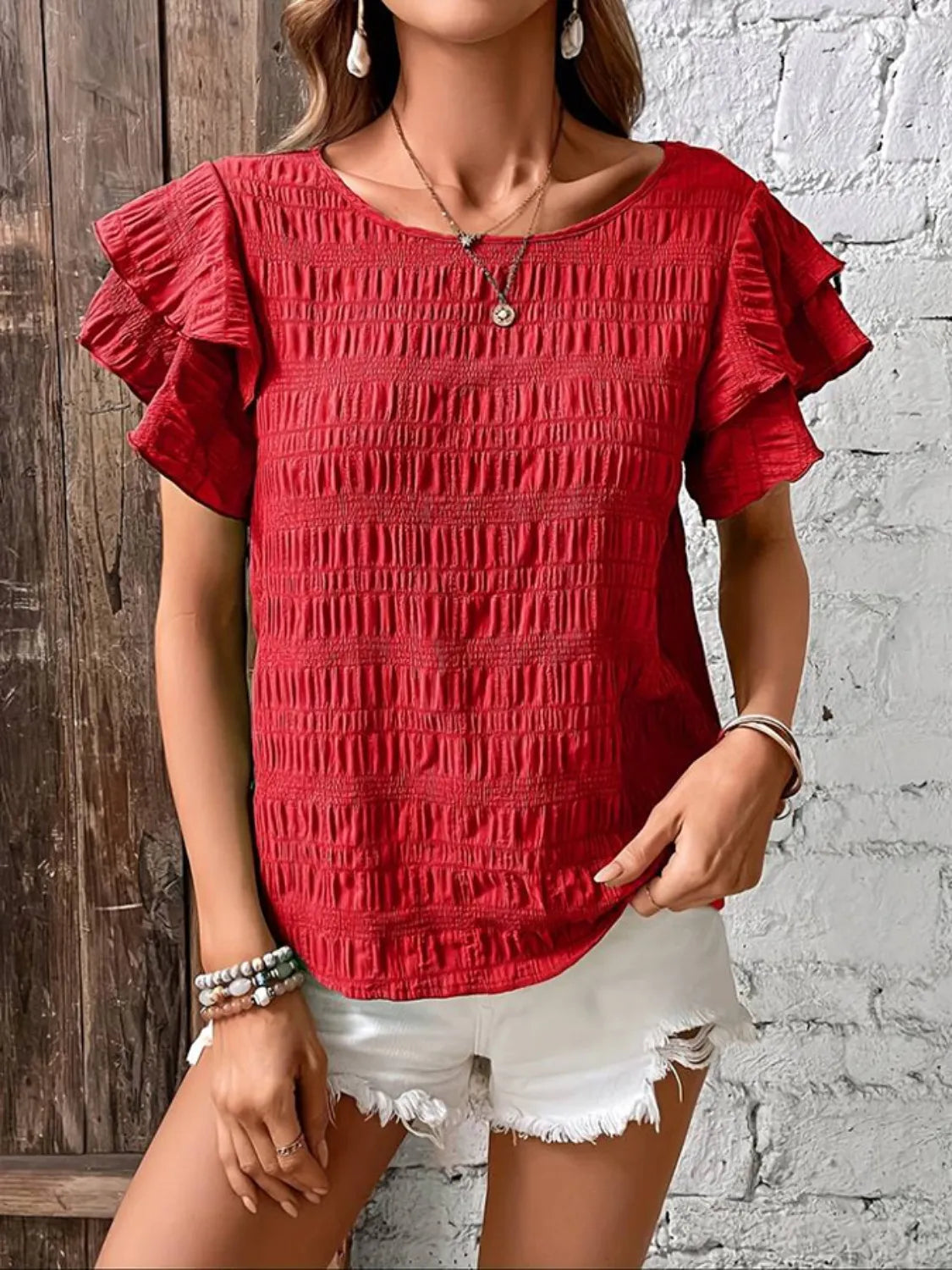 Round Neck Ruffled Short Sleeve Top.