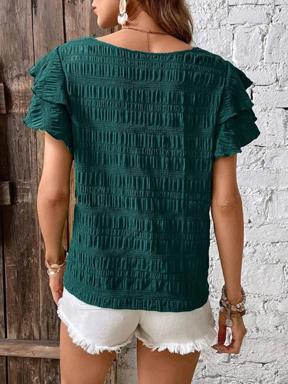 Round Neck Ruffled Short Sleeve Top.
