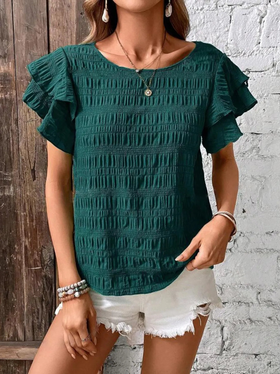 Round Neck Ruffled Short Sleeve Top.