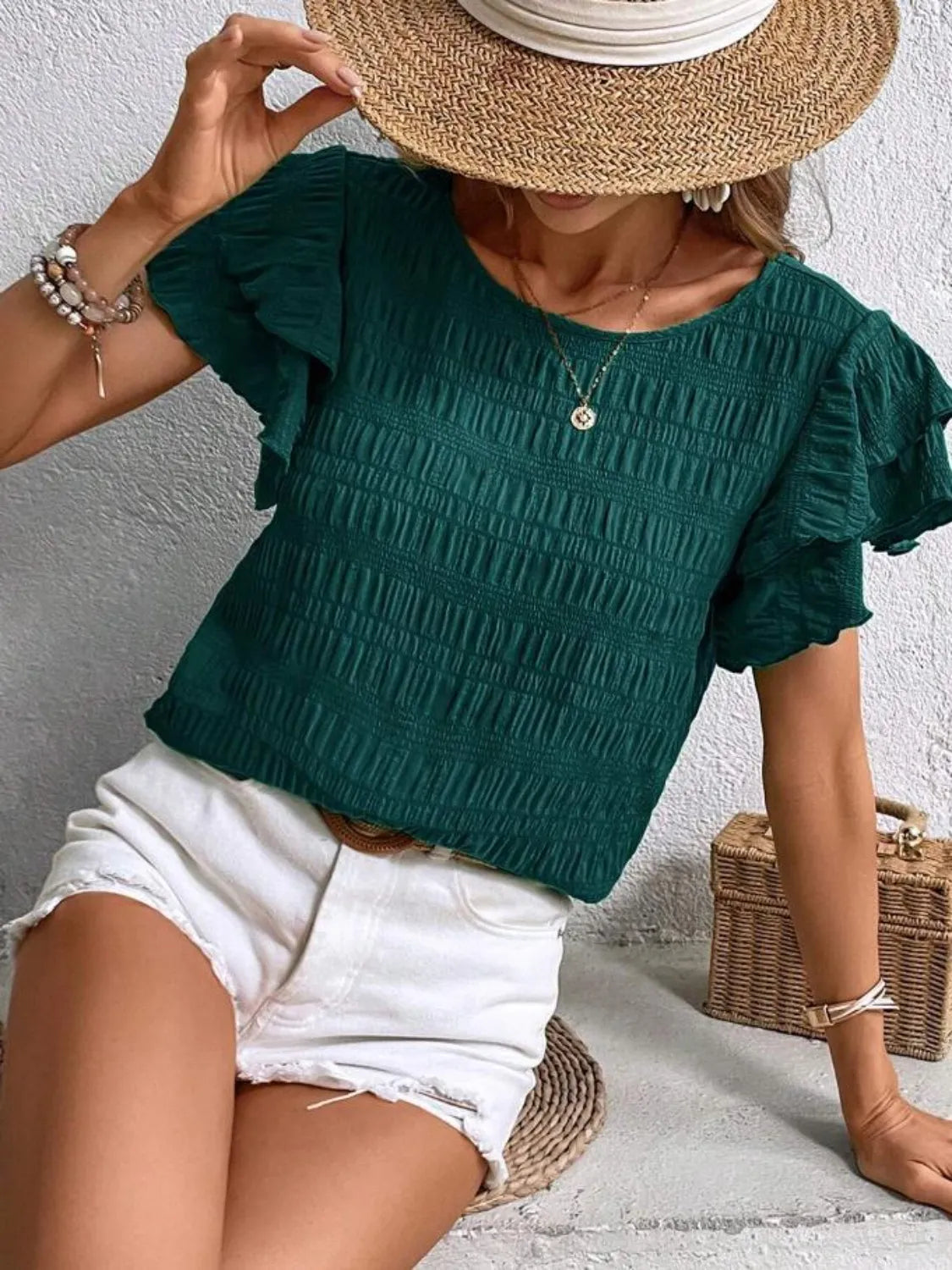 Round Neck Ruffled Short Sleeve Top.