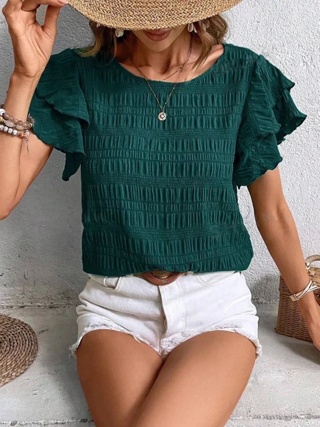 Round Neck Ruffled Short Sleeve Top.